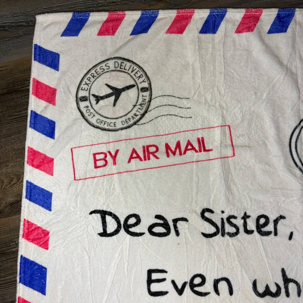 Dear Sister Airmail Letter Fleece Throw Blanket White Red Blue 50x60 Gift Throw